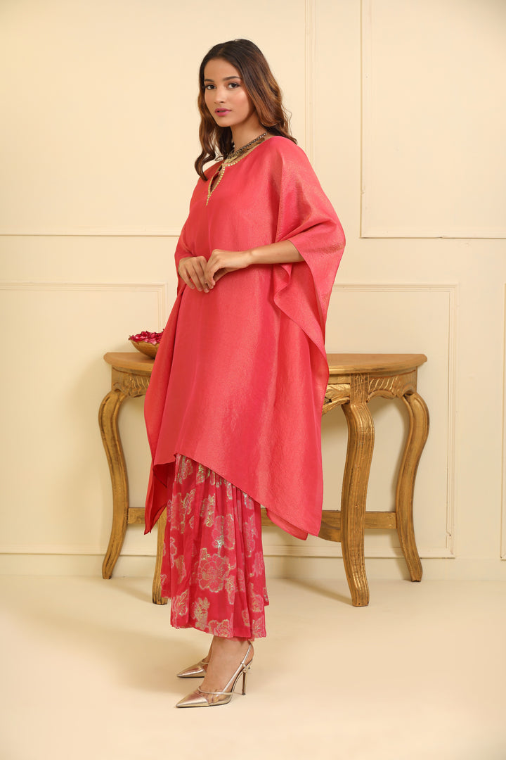 Coral Rose Silk Tissue Sharara Suit Set