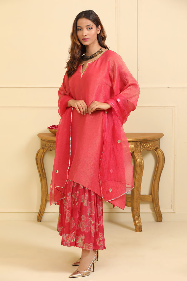 Coral Rose Silk Tissue Sharara Suit Set