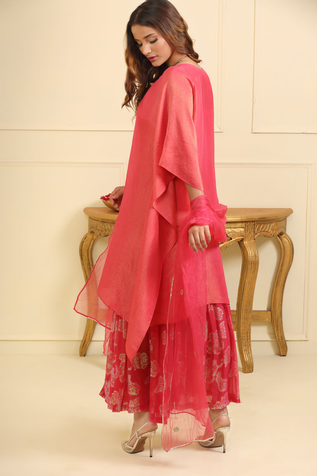 Coral Rose Silk Tissue Sharara Suit Set
