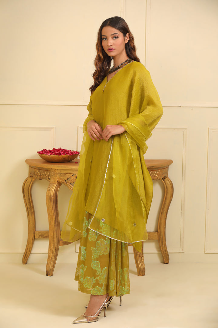 Mehndi Green Silk Tissue Sharara Set with Dupatta