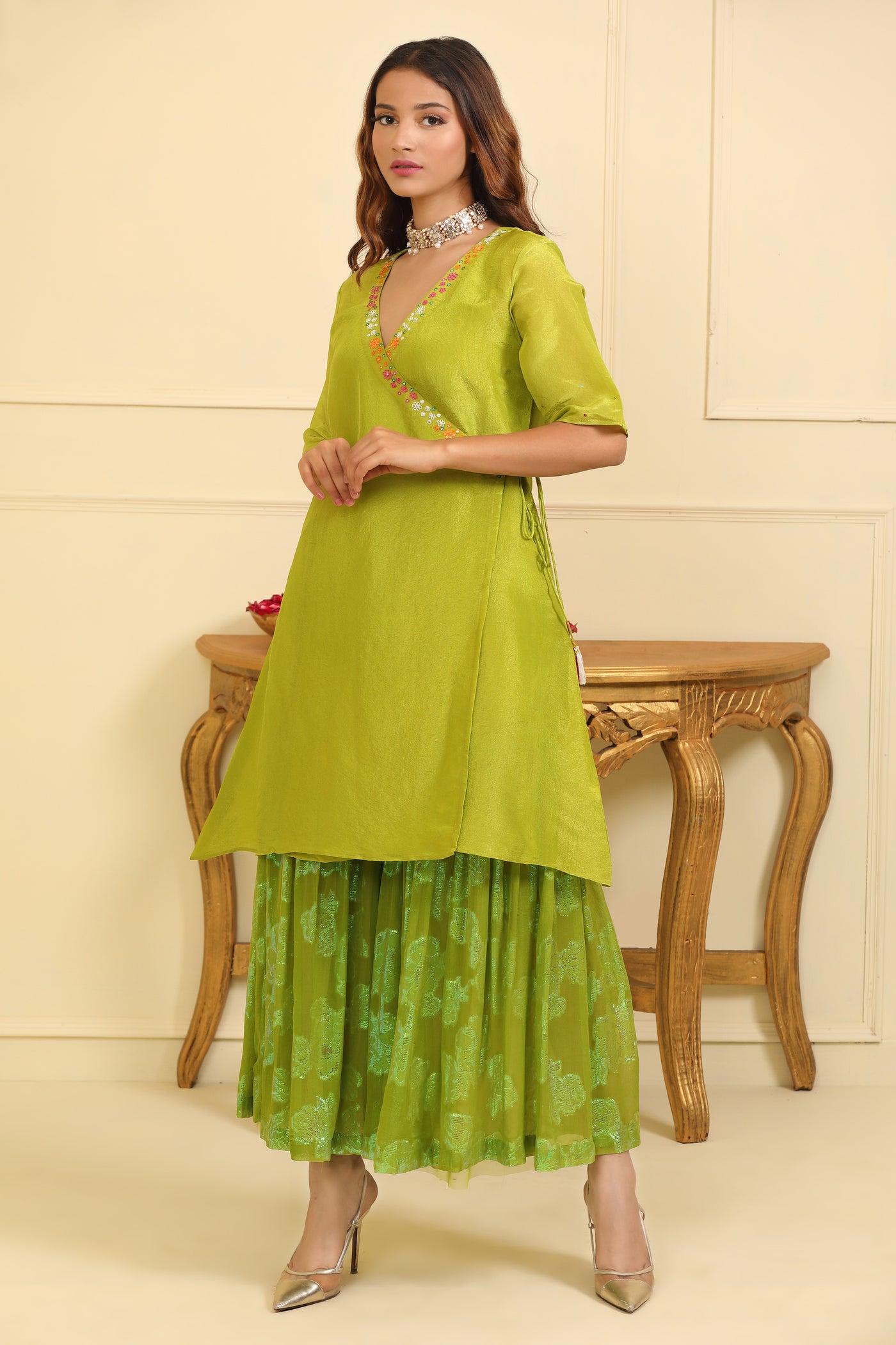 Old Gold Green Silk Tissue Angrakha Suit Set