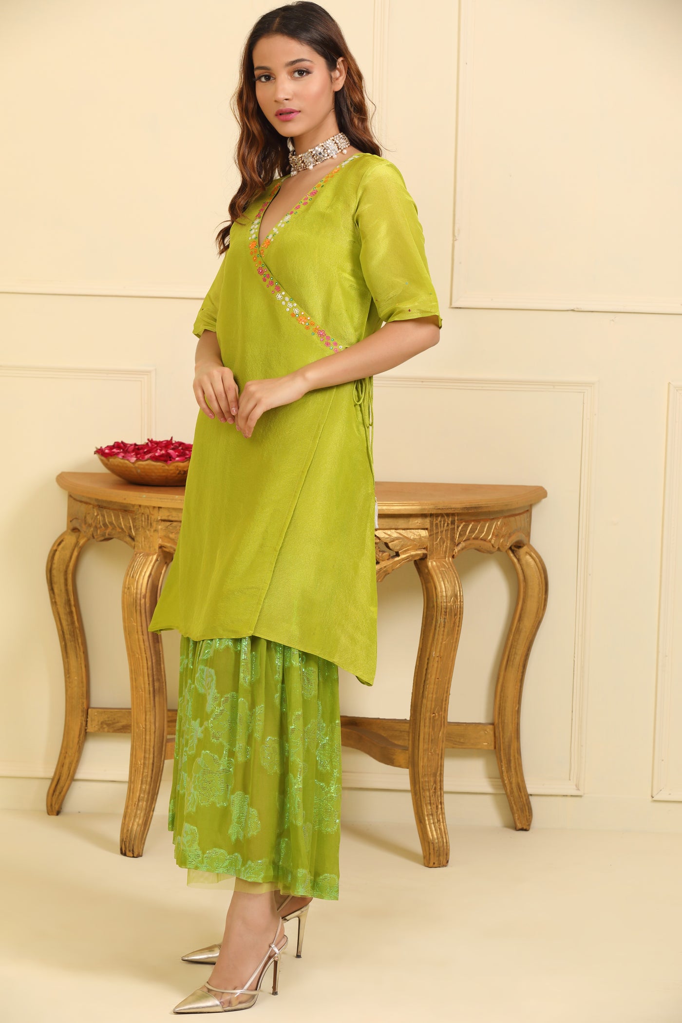 Old Gold Green Silk Tissue Angrakha Suit Set