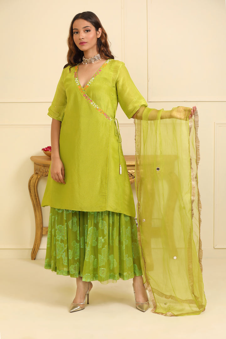 Old Gold Green Silk Tissue Angrakha Suit Set