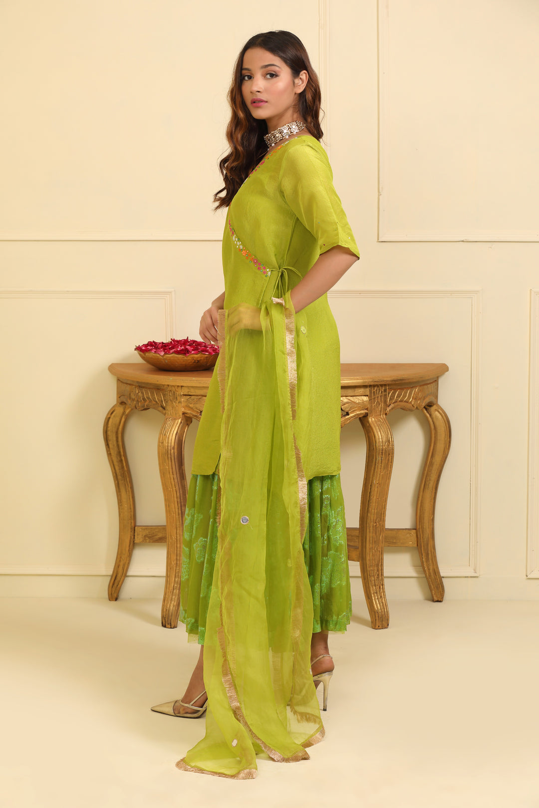 Old Gold Green Silk Tissue Angrakha Suit Set