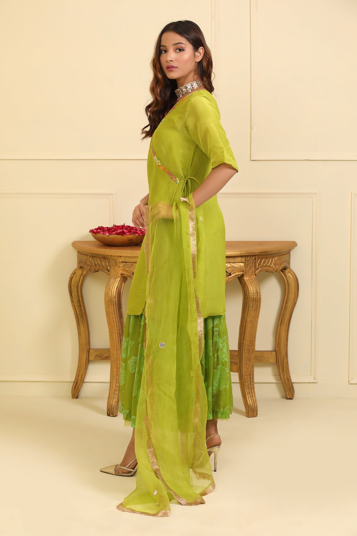 Old Gold Green Silk Tissue Angrakha Suit Set