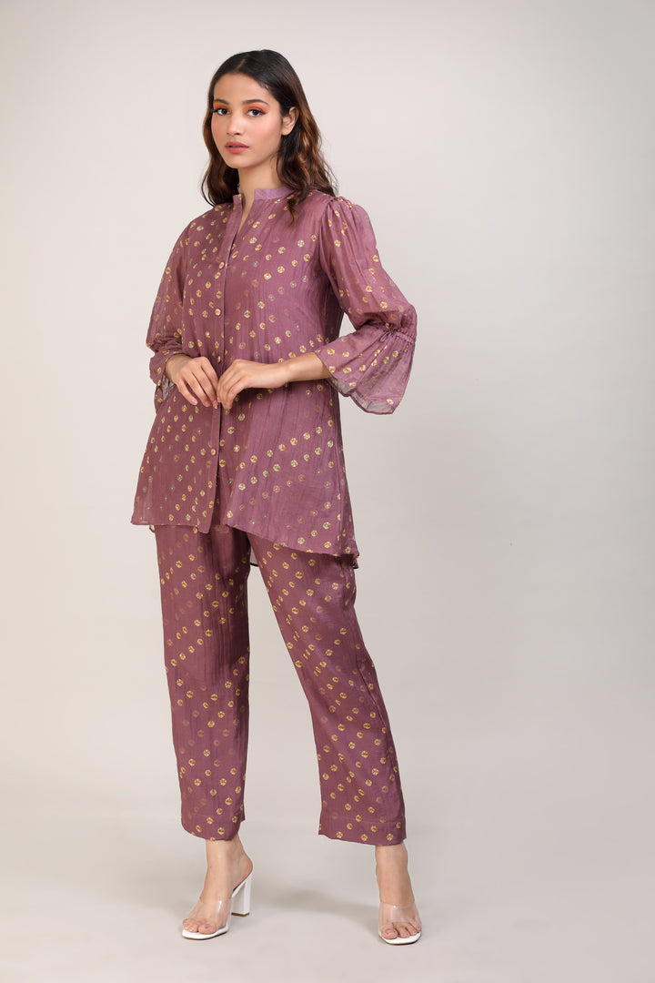 Plum Bandhej Coord Set