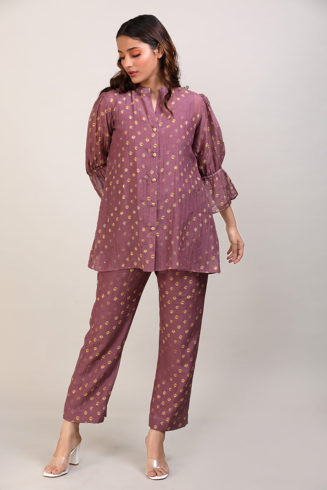 Plum Bandhej Coord Set