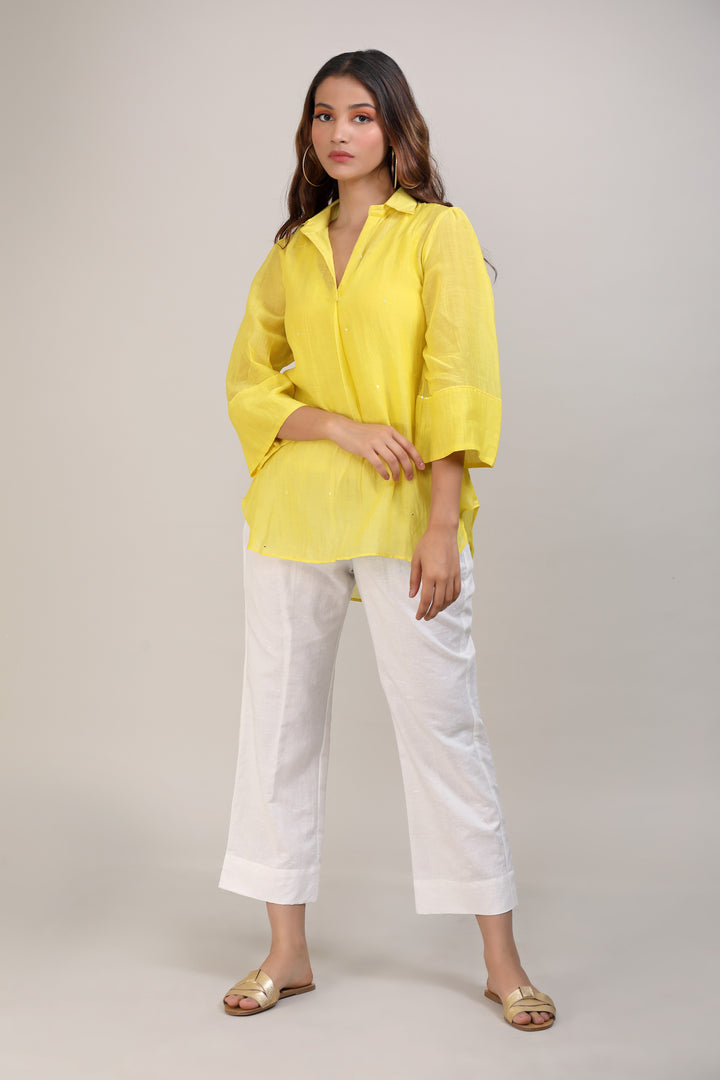 Yellow Chanderi Hand Embroidered Shirt