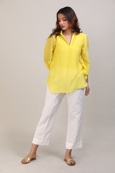 Yellow Chanderi Hand Embroidered Shirt