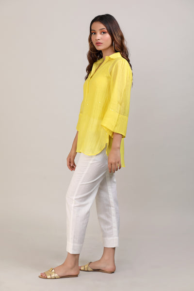 Yellow Chanderi Hand Embroidered Shirt