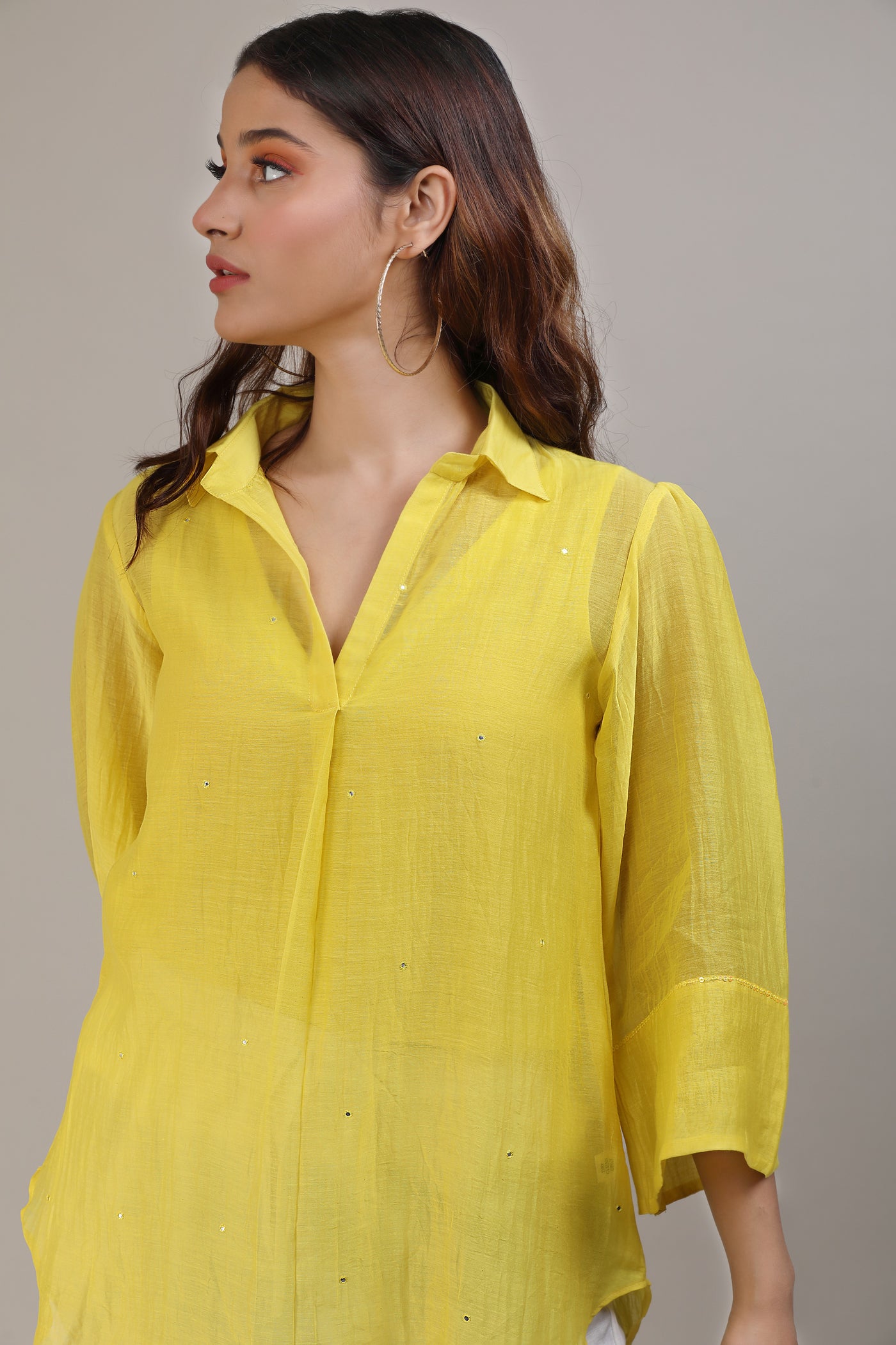 Yellow Chanderi Hand Embroidered Shirt