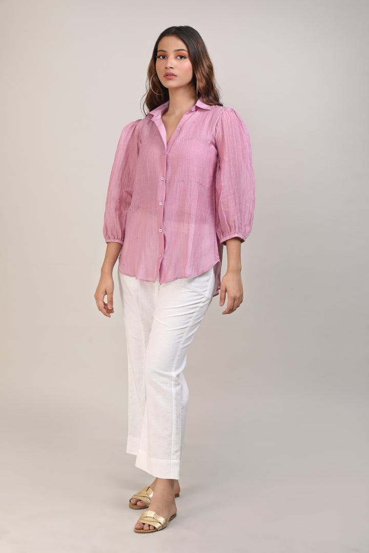 Pink Chanderi Hand Embroidered Shirt