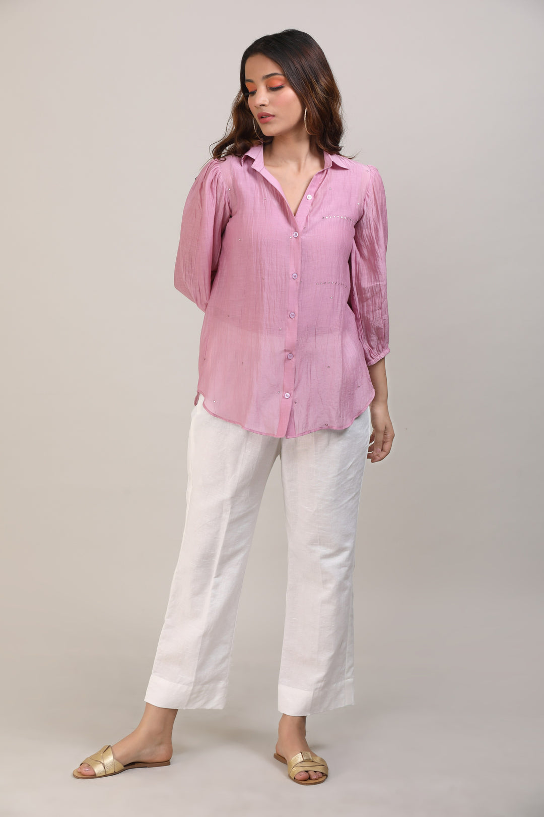 Pink Chanderi Hand Embroidered Shirt