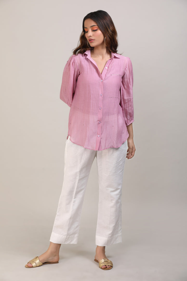 Pink Chanderi Hand Embroidered Shirt