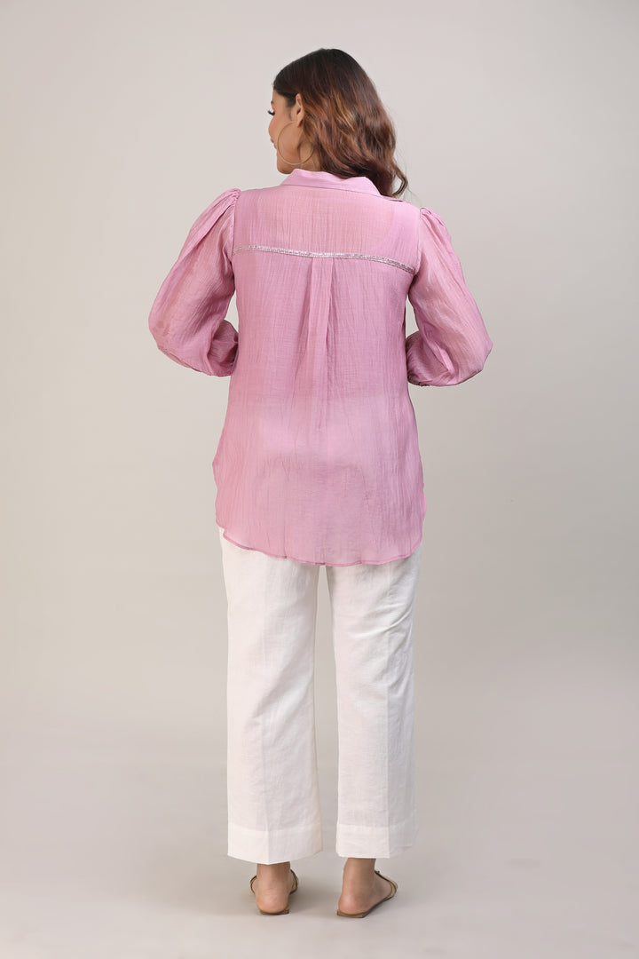 Pink Chanderi Hand Embroidered Shirt