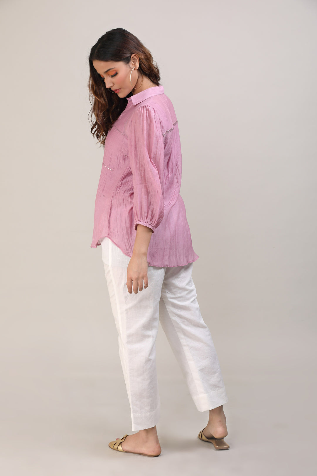 Pink Chanderi Hand Embroidered Shirt