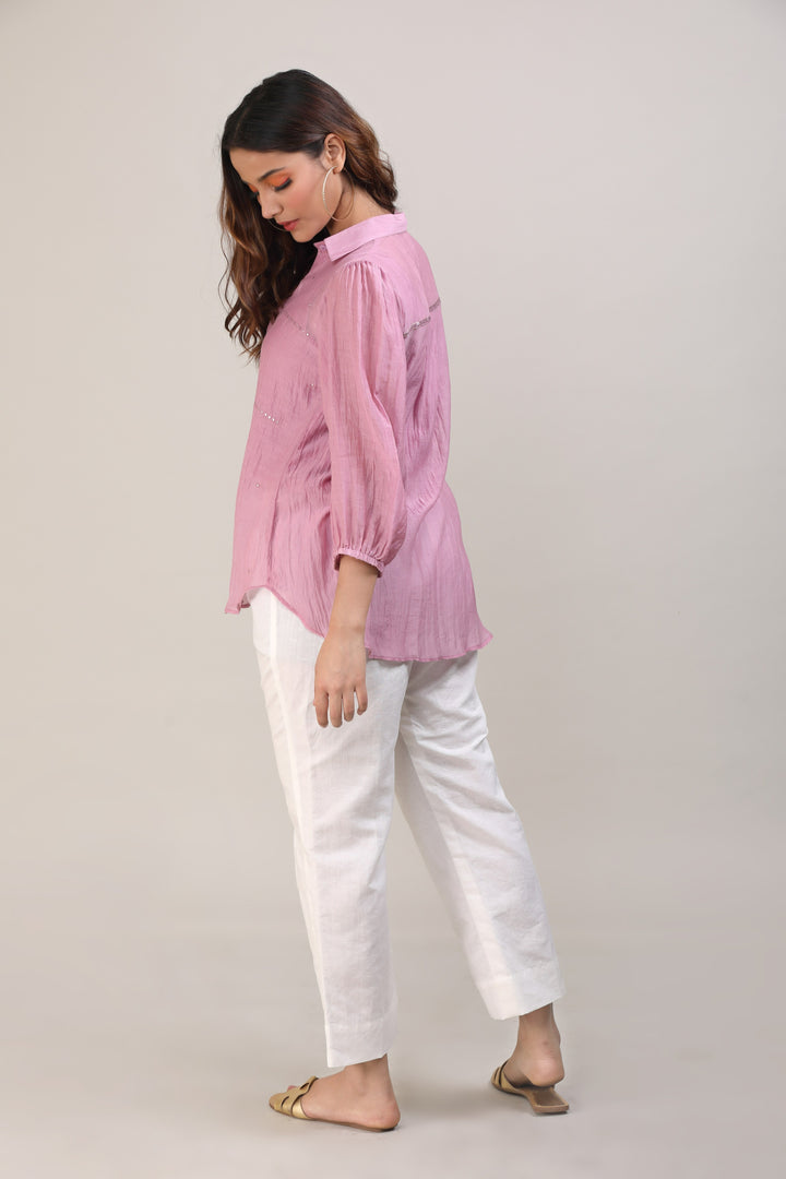 Pink Chanderi Hand Embroidered Shirt