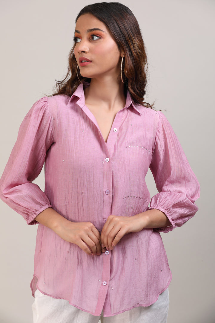 Pink Chanderi Hand Embroidered Shirt