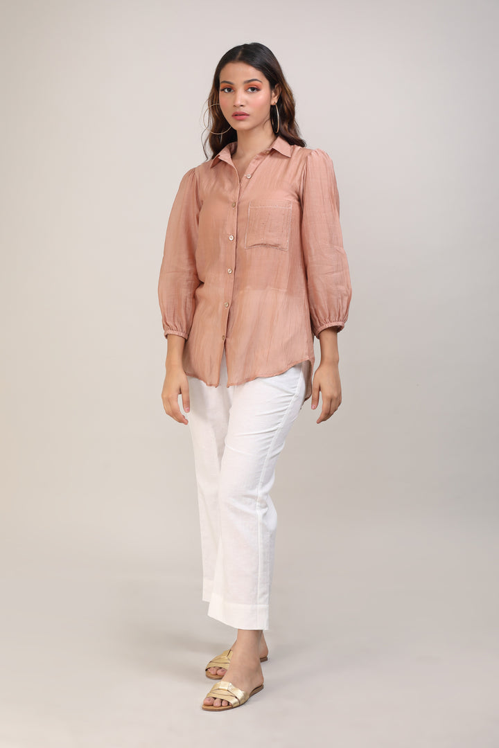 Beige Hand Embroidered Chanderi Shirt