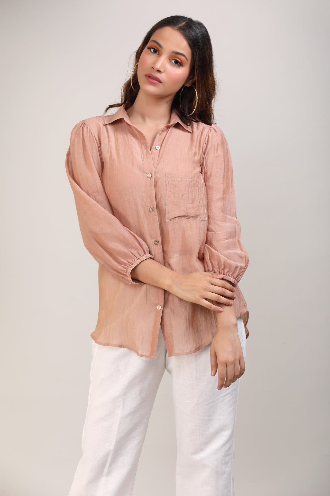 Beige Hand Embroidered Chanderi Shirt