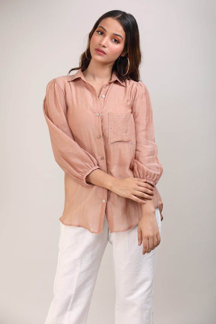 Beige Hand Embroidered Chanderi Shirt