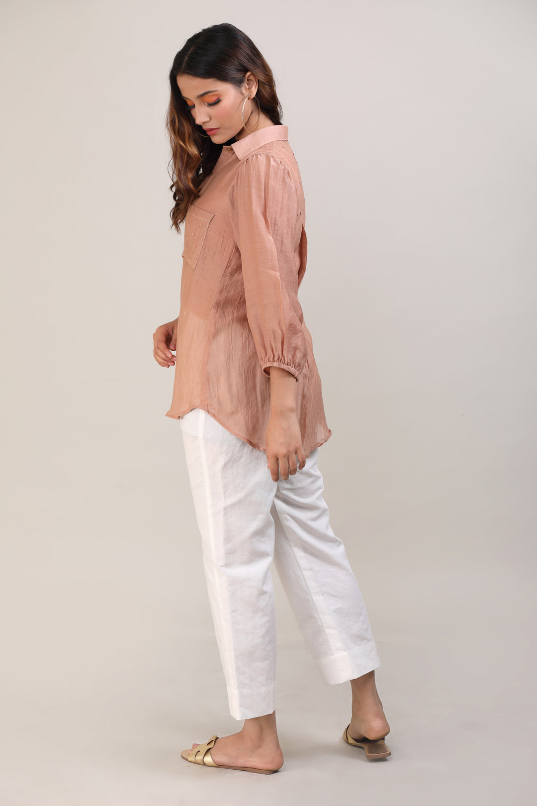 Beige Hand Embroidered Chanderi Shirt