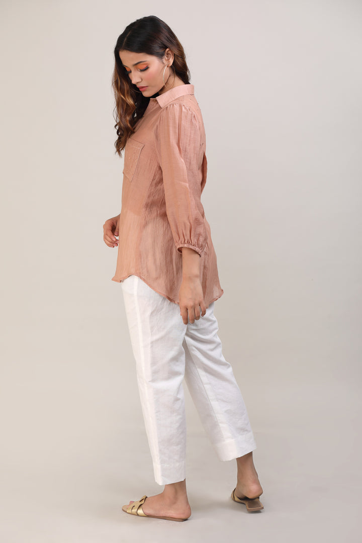 Beige Hand Embroidered Chanderi Shirt