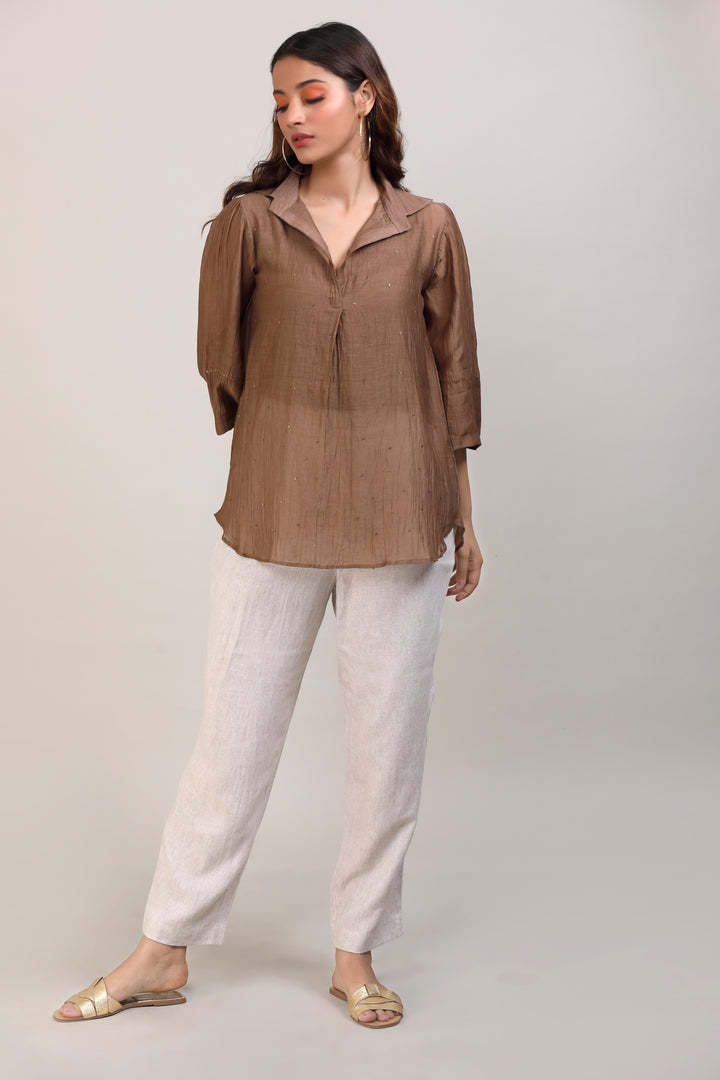 Brown Hand Embroidered Chanderi Shirt