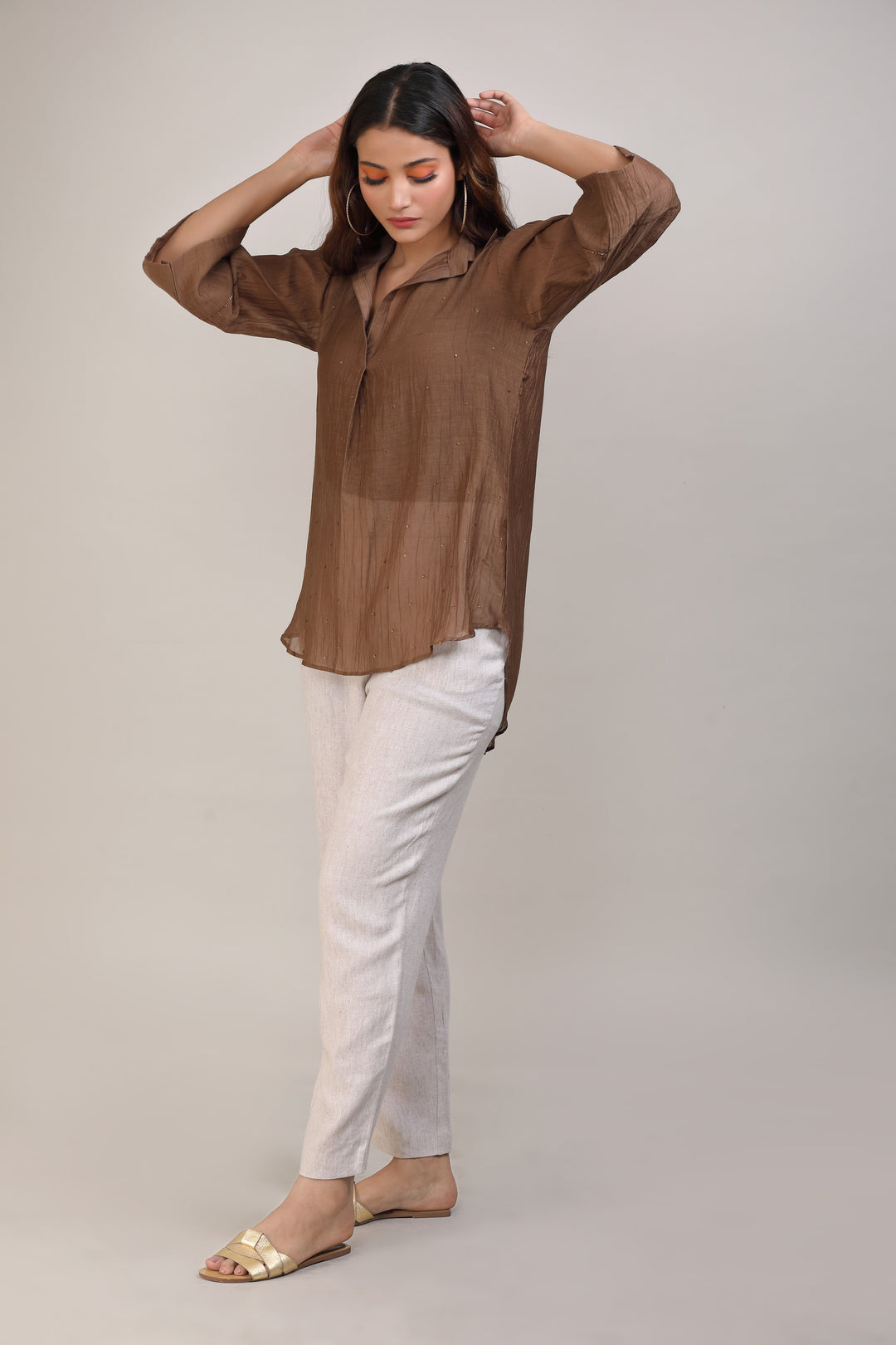 Brown Hand Embroidered Chanderi Shirt