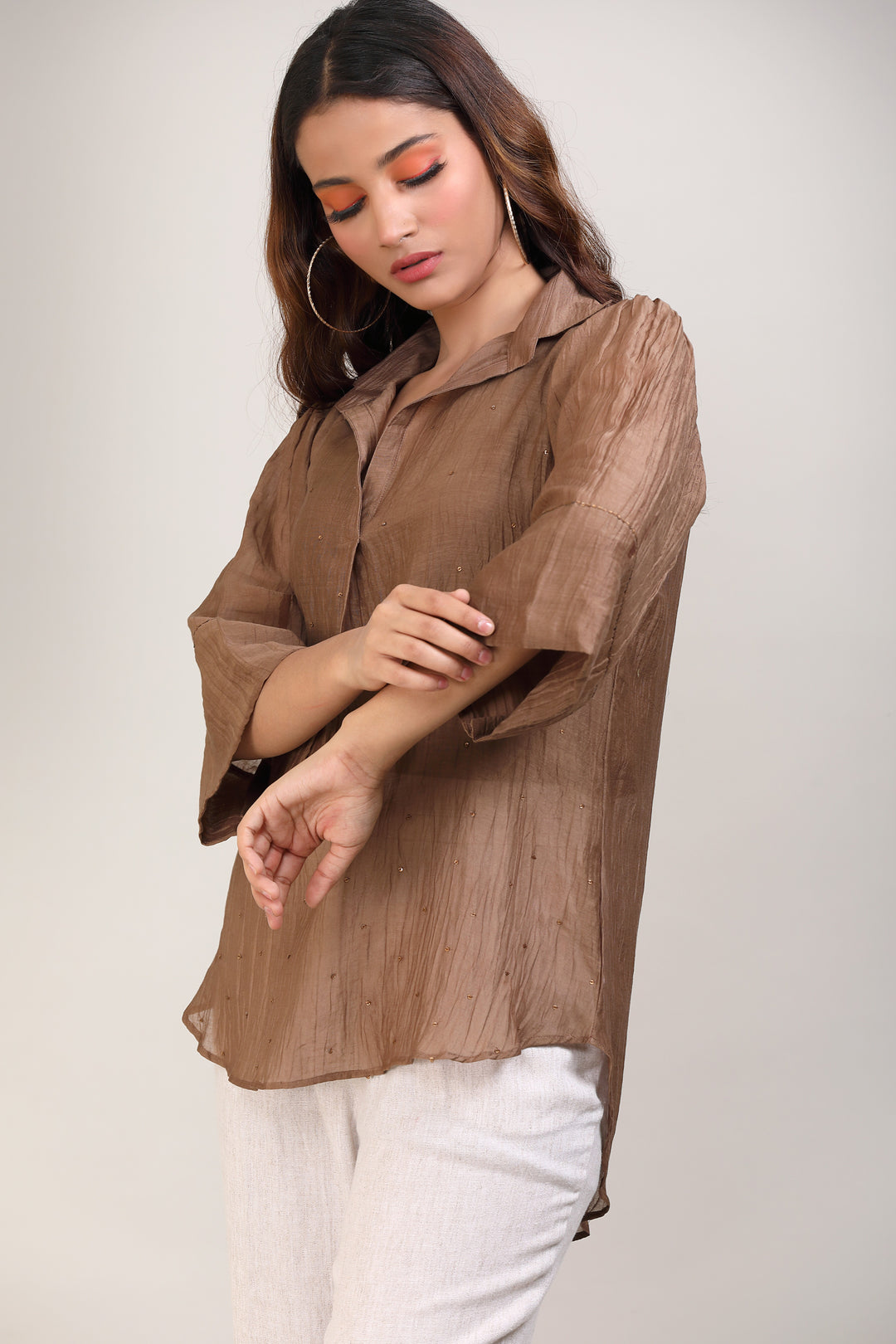 Brown Hand Embroidered Chanderi Shirt