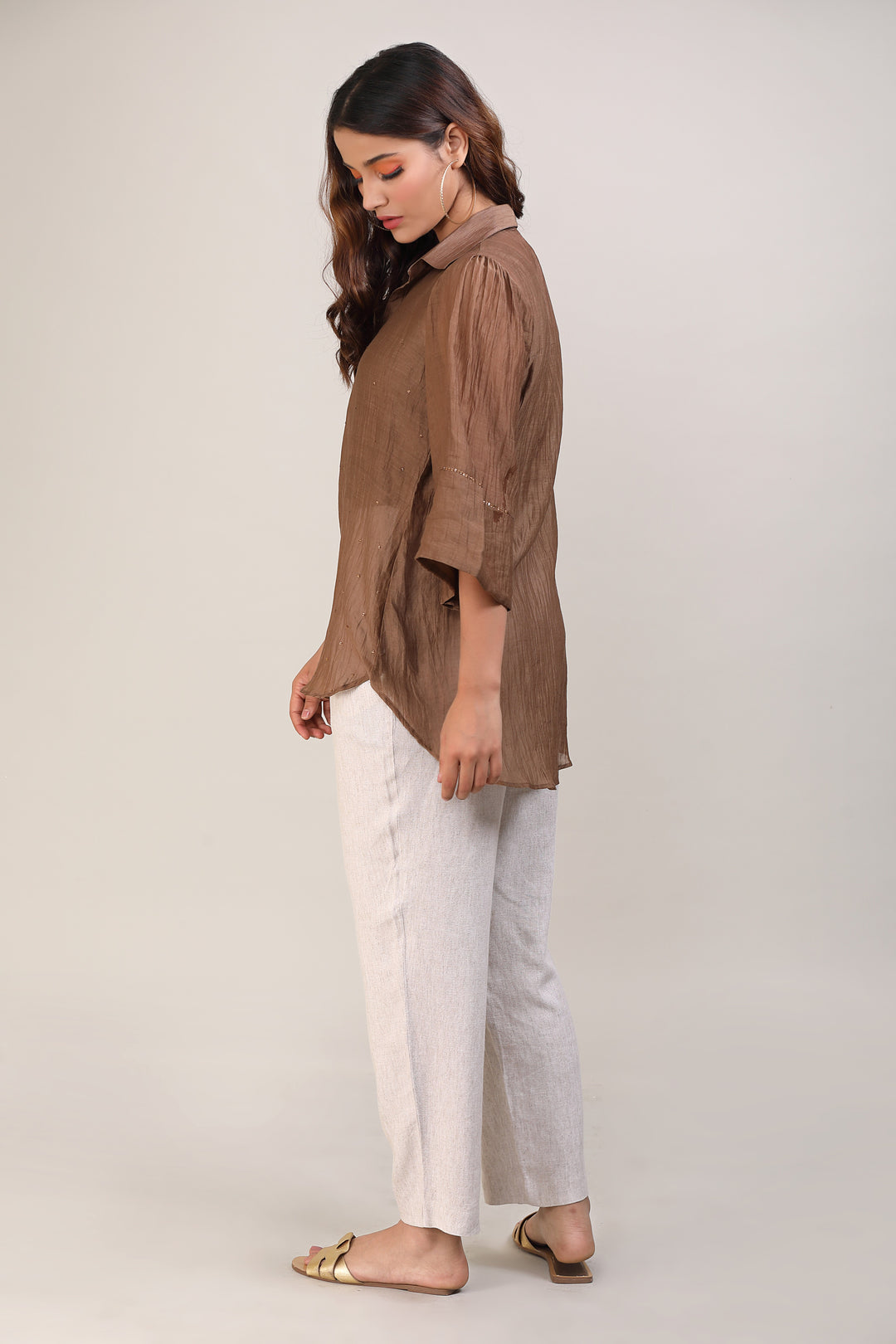 Brown Hand Embroidered Chanderi Shirt
