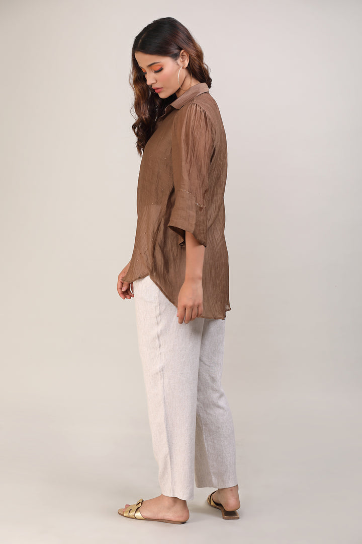 Brown Hand Embroidered Chanderi Shirt