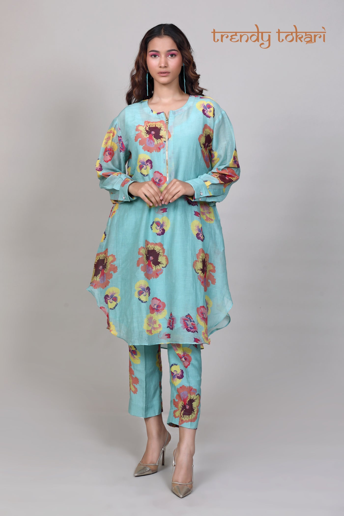 Powder Blue Printed Chanderi Coord Set