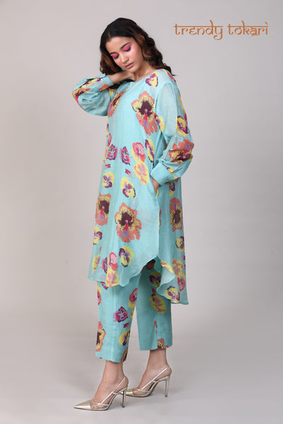 Powder Blue Printed Chanderi Coord Set