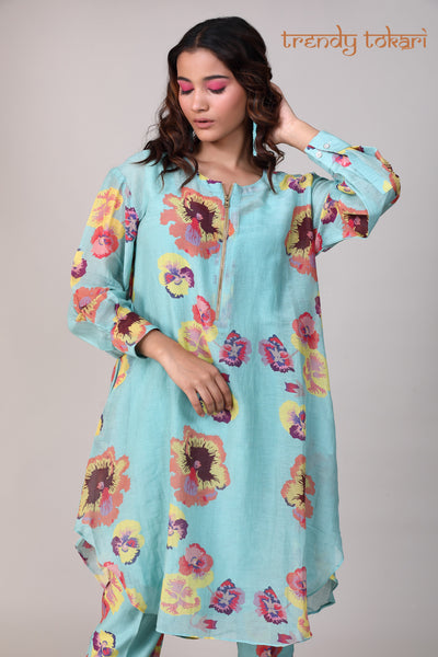 Powder Blue Printed Chanderi Coord Set