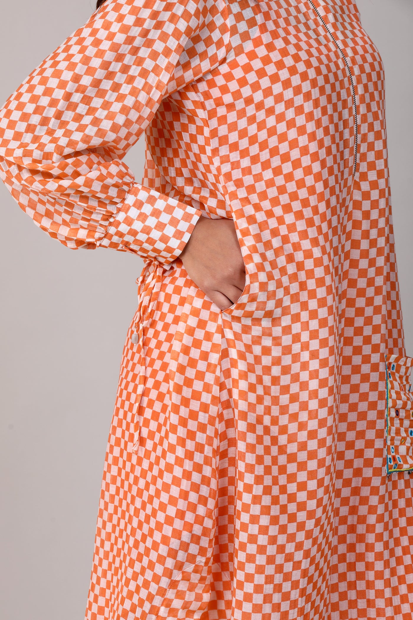 Orange Check Sequined Chanderi Coord Set