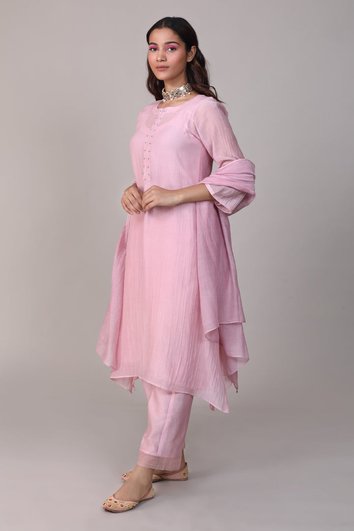 Pink Hand Embroidery Chanderi Suit Set with Dupatta