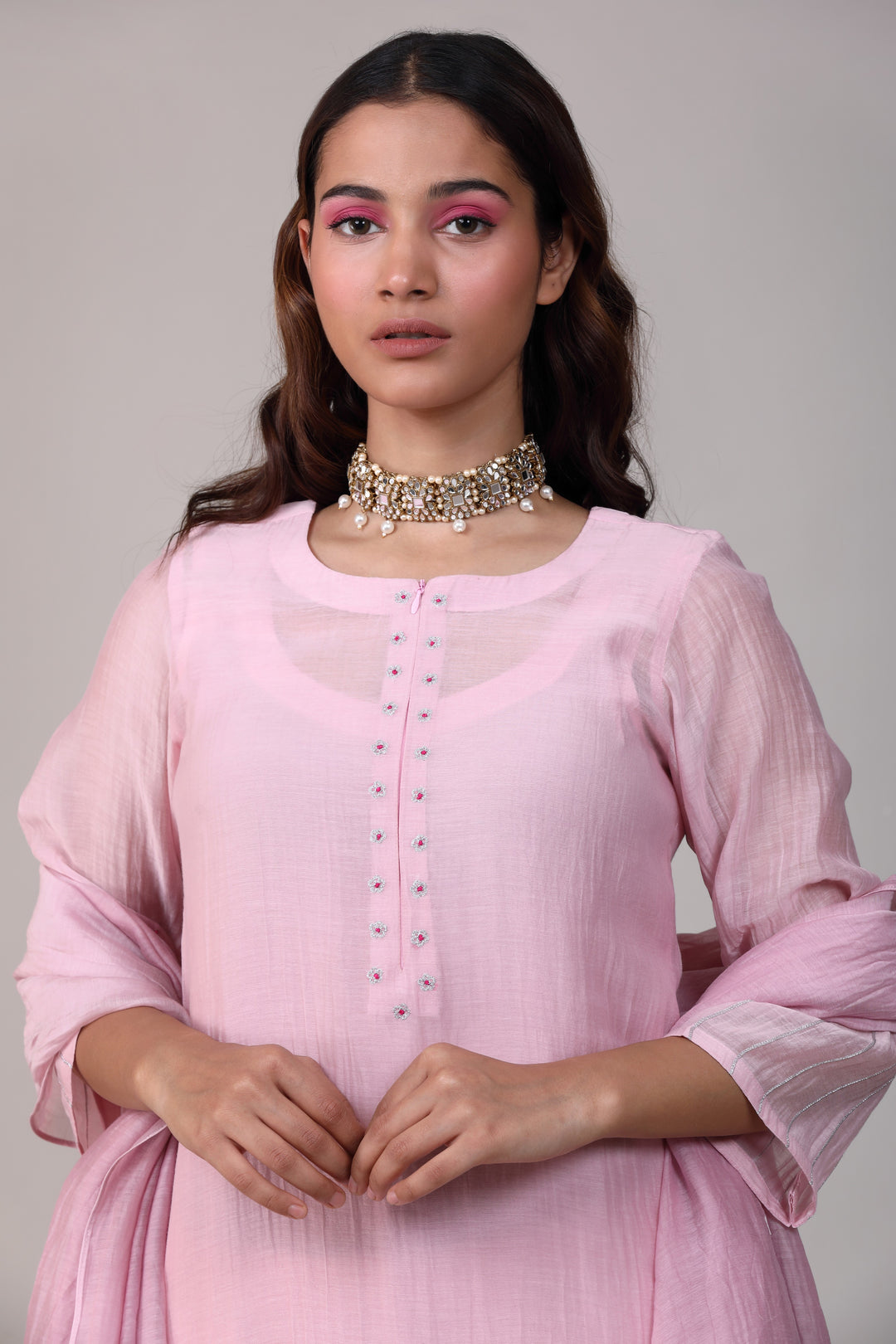 Pink Hand Embroidery Chanderi Suit Set with Dupatta