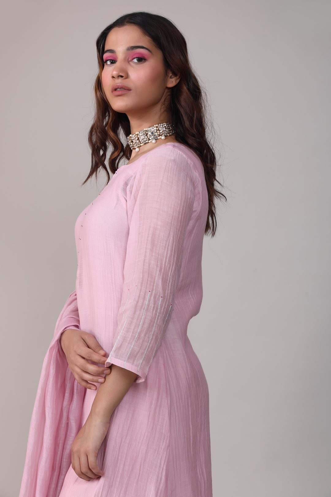 Pink Hand Embroidery Chanderi Suit Set with Dupatta