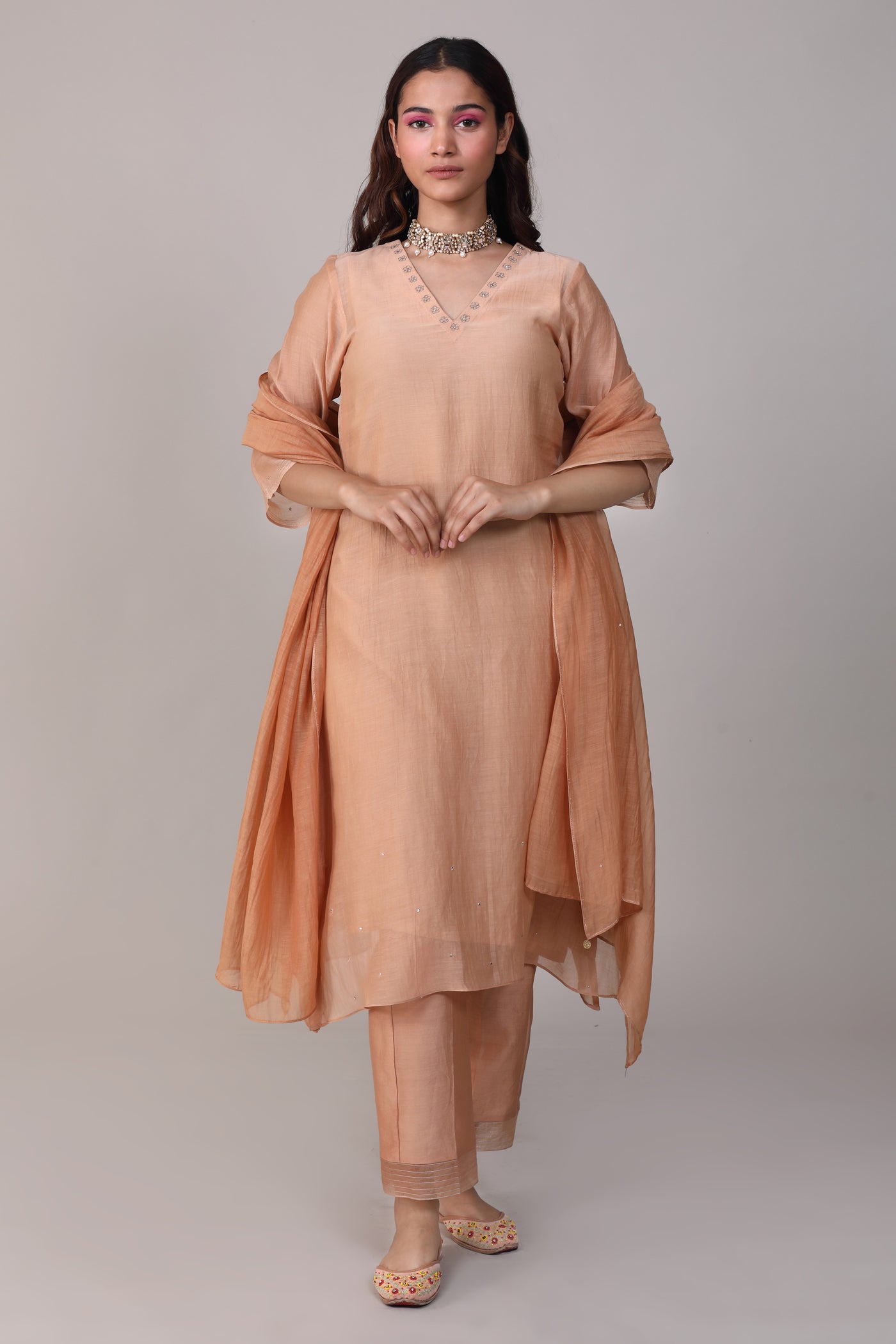 Peach Hand Embroidery Chanderi Suit Set with Dupatta