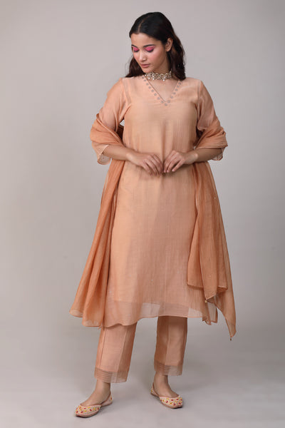 Peach Hand Embroidery Chanderi Suit Set with Dupatta