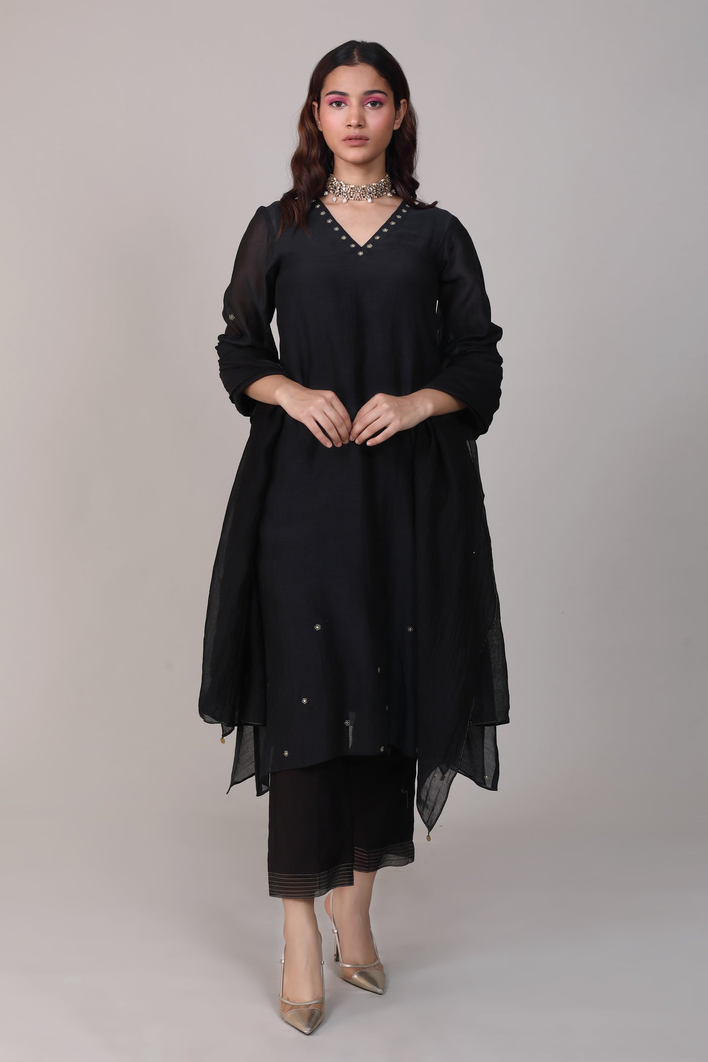 Black Hand Embroidered Chanderi Suit Set