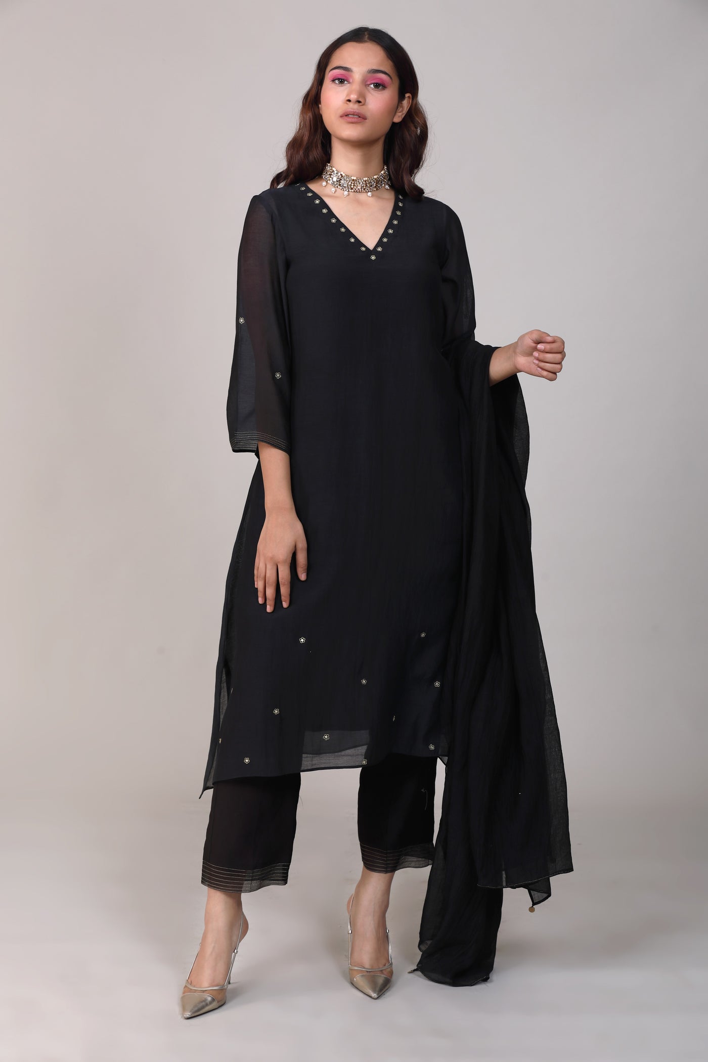 Black Hand Embroidered Chanderi Suit Set