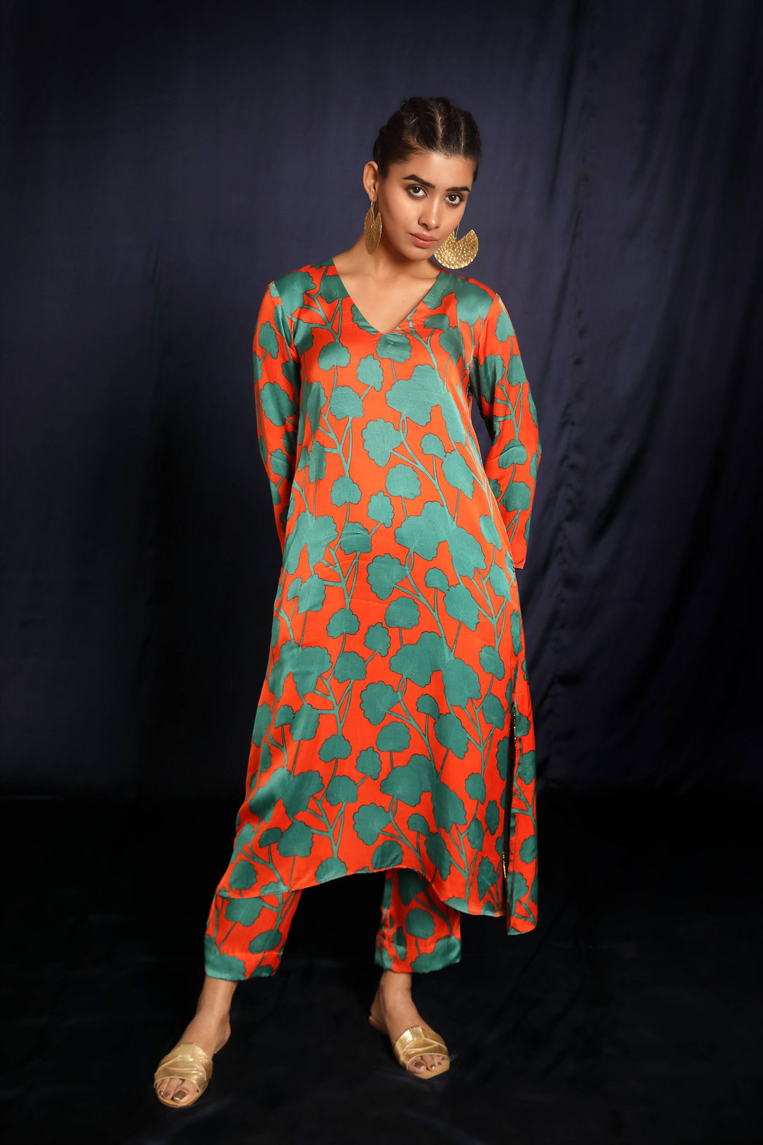 Orange Printed Satin Coord Set