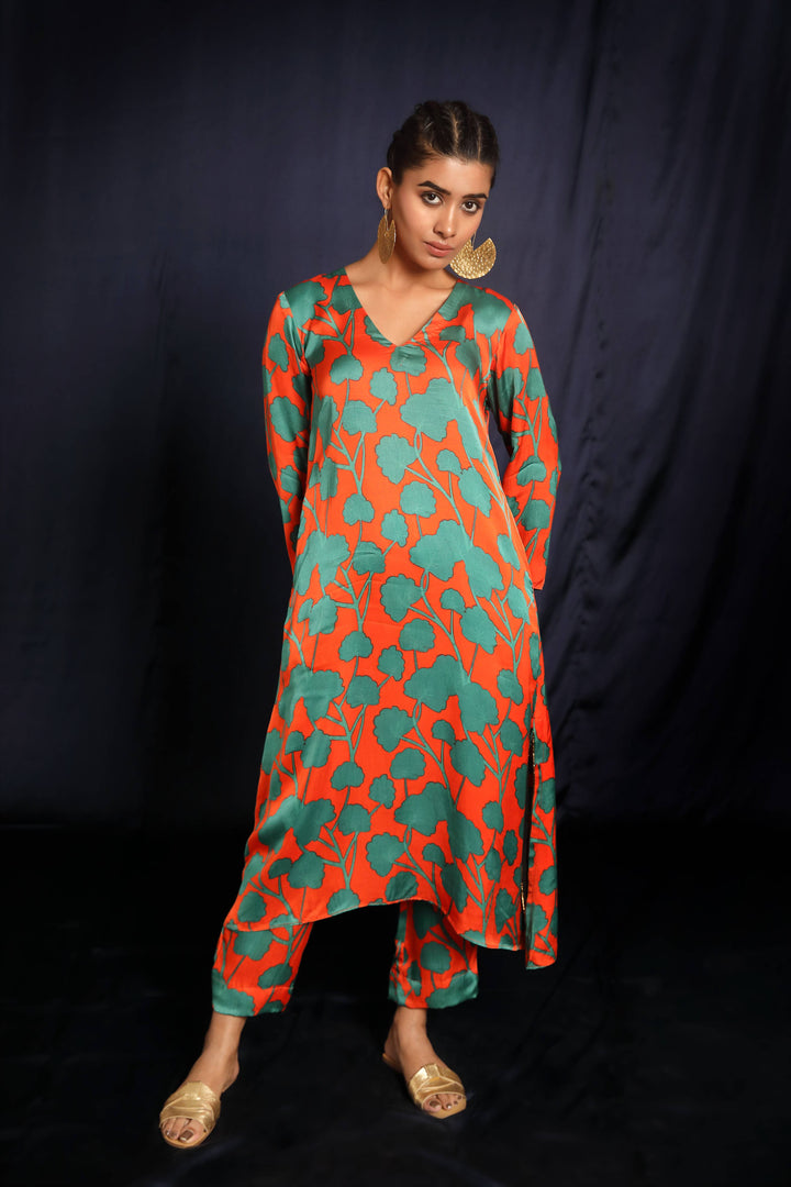 Orange Printed Satin Coord Set