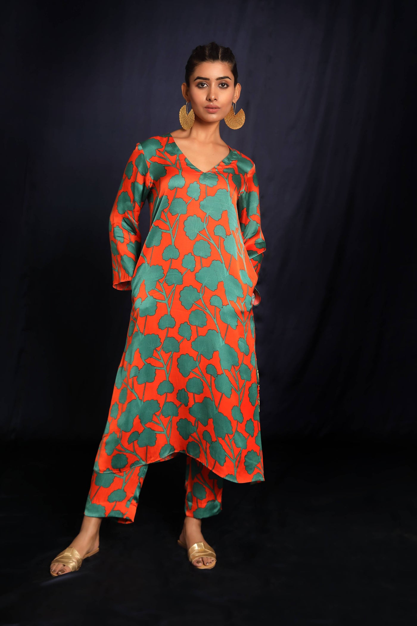 Orange Printed Satin Coord Set