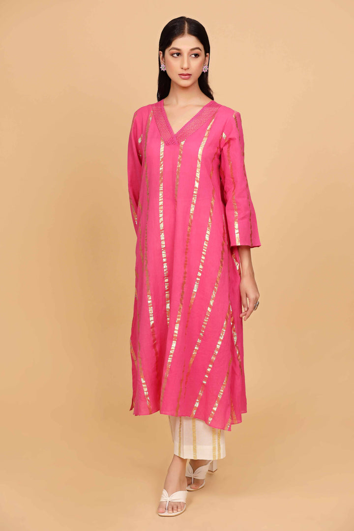 Pink Cotton Lurex Kurta Set