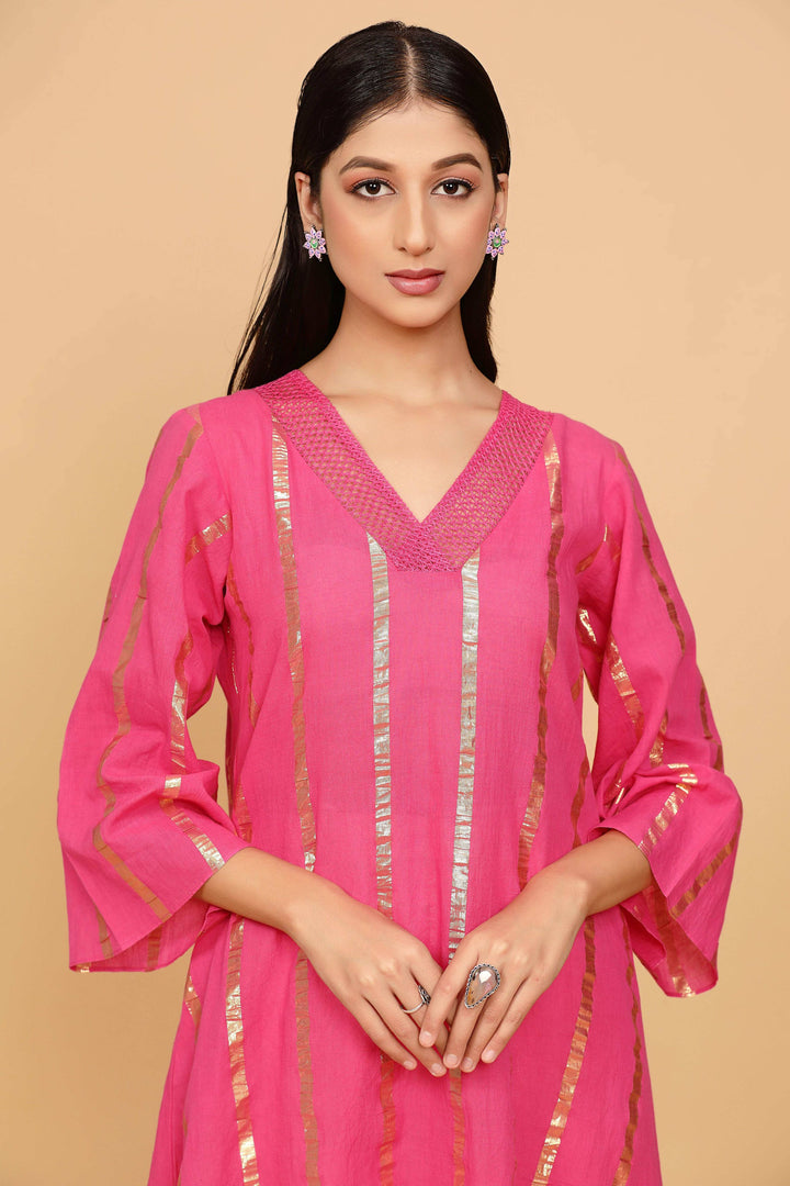 Pink Cotton Lurex Kurta Set
