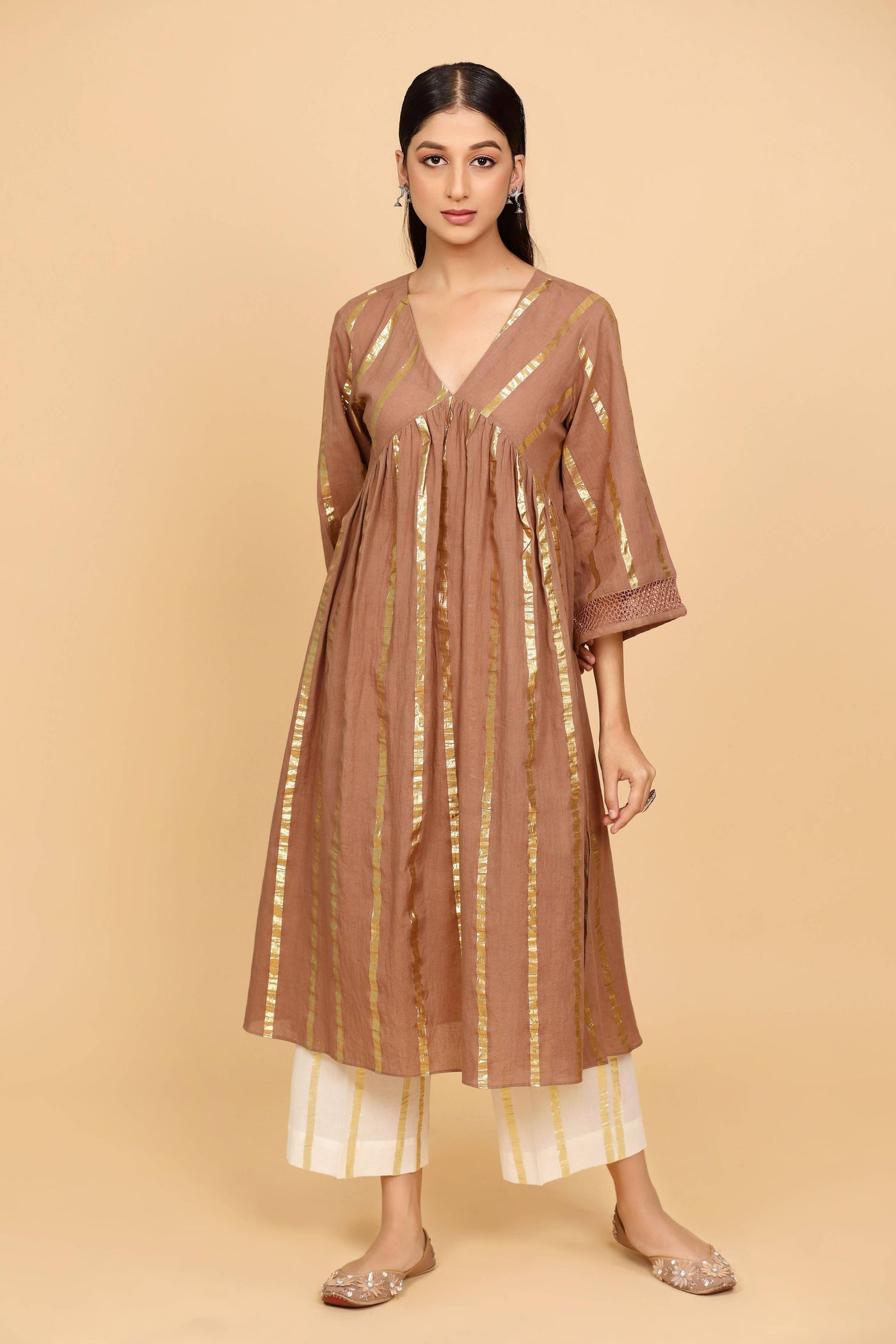 Brown Cotton Lurex Kurta Set