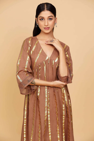 Brown Cotton Lurex Kurta Set